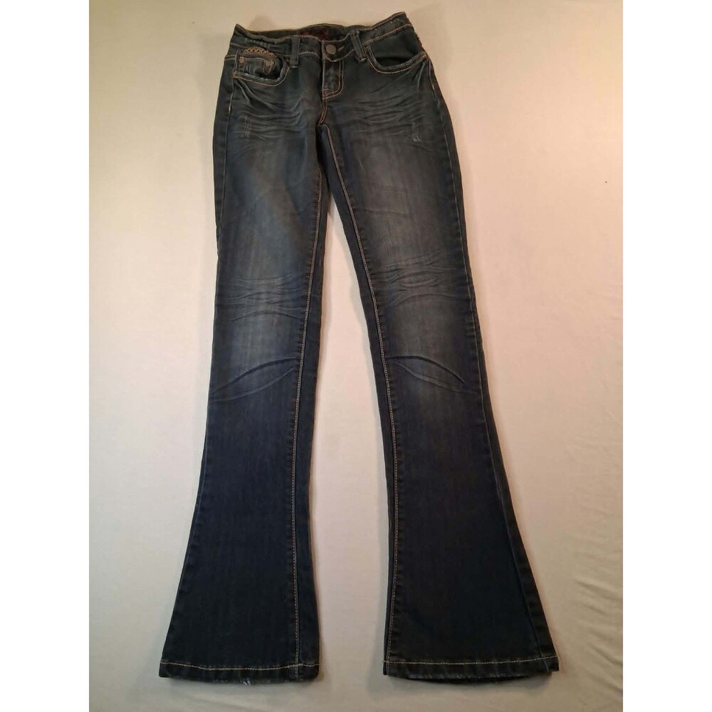 Black Crystal Jeans Size 1 Thick Contrast Stitch Flap Pocket Embellished Bling